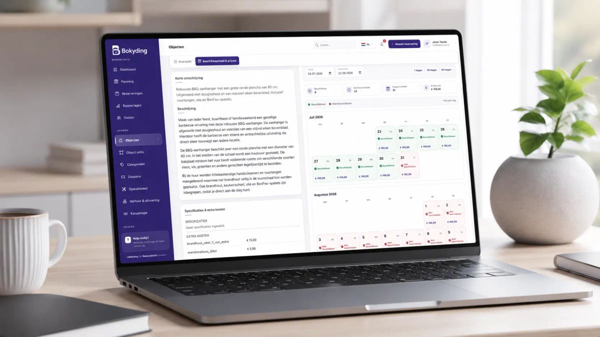 Het Bokyding-dashboard met de beschikbaarheidskalender van een verhuurobject op een laptop